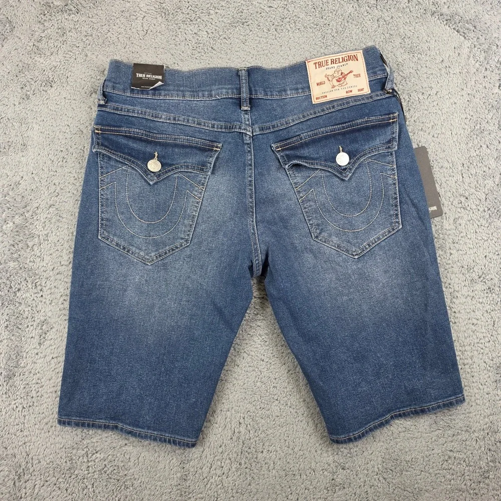 True Religion Ricky SN Flap Denim Shorts Men 31 Blue Relaxed Straight Casual NWT